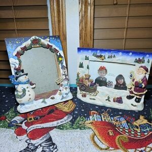 Vintage Christmas Picture Frame Set of 2 Santa Snowman Heavy Resin 6 x 4 Photo